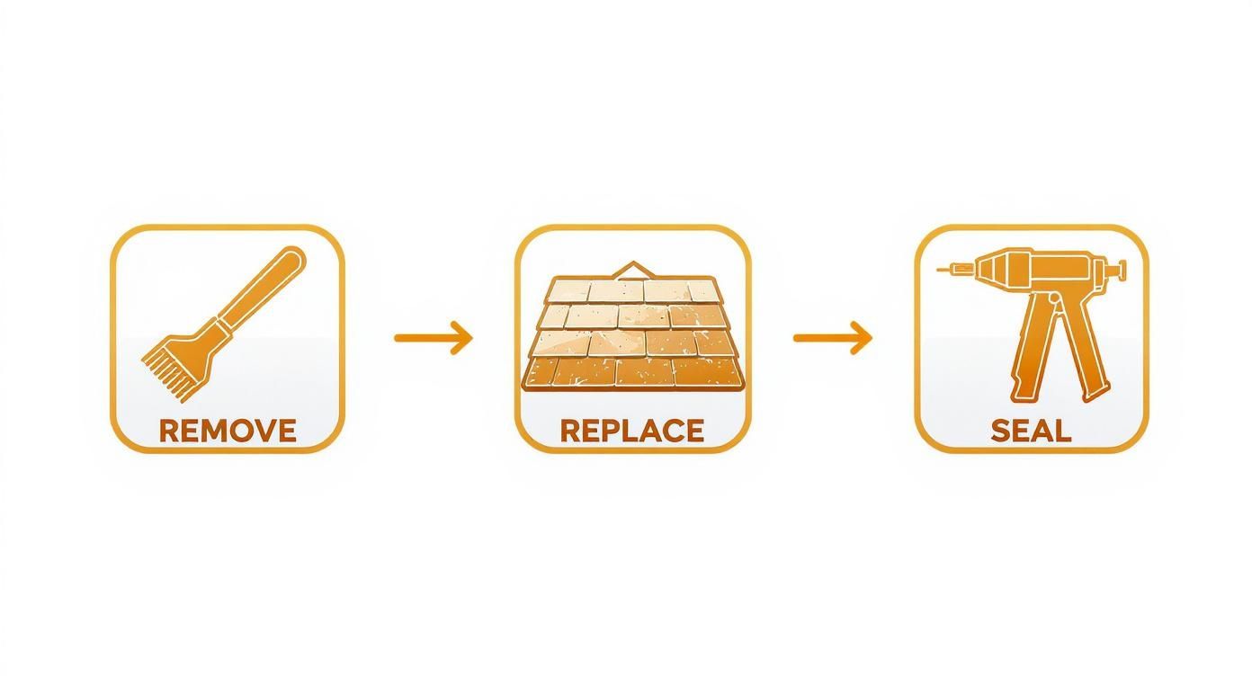 Infographic showing the roof repair process: Remove damaged materials, Replace with new ones, and Seal for weatherproofing.