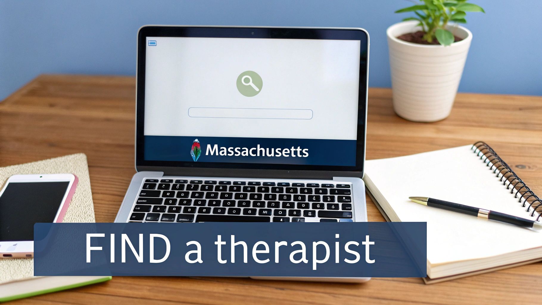 A laptop on a wooden desk, displaying a search for "Massachusetts" therapists, next to a phone and notebook.