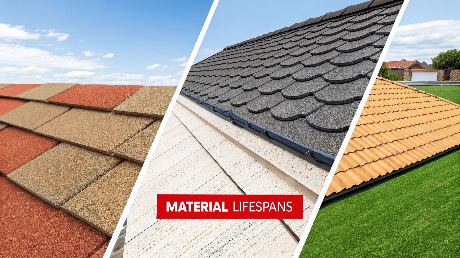 Collage displaying three distinct roofing materials: multi-colored asphalt shingles, dark grey scalloped shingles, and terracotta-colored metal roofing.