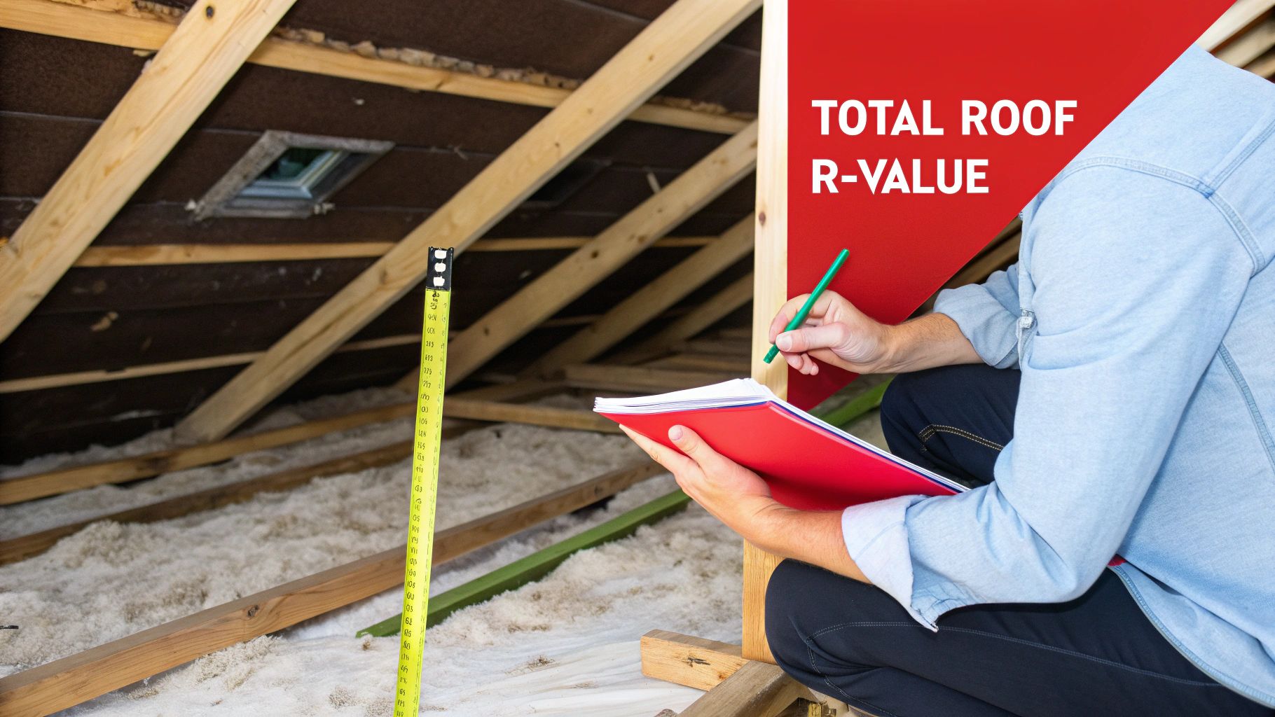 A homeowner safely inspecting the insulation in their attic.