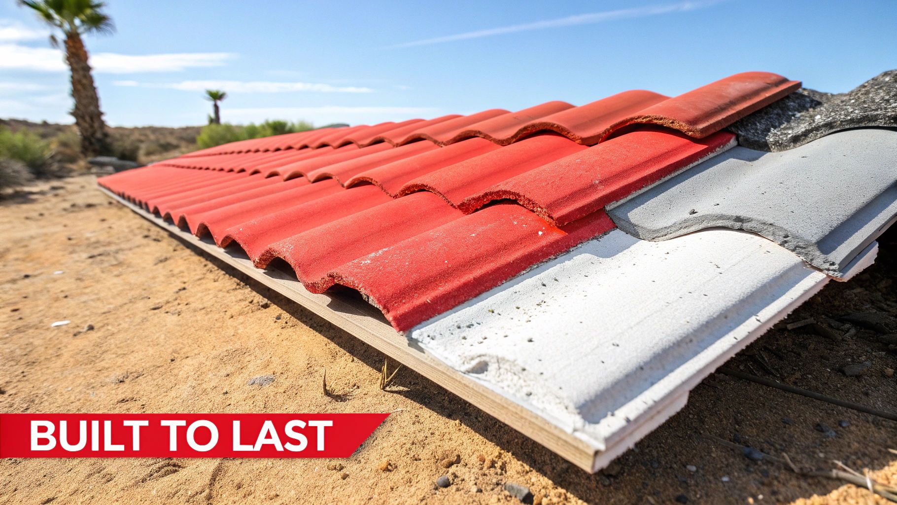 Close-up of red, gray, and white concrete roof tiles laid on sandy ground under a blue sky.
