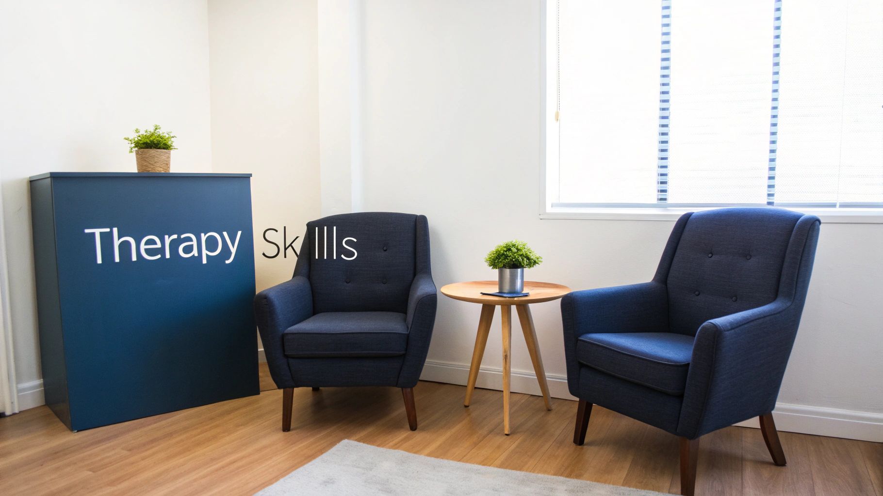A comfortable therapy office with two blue armchairs, a wooden side table, and a sign displaying 'Therapy Skills'.