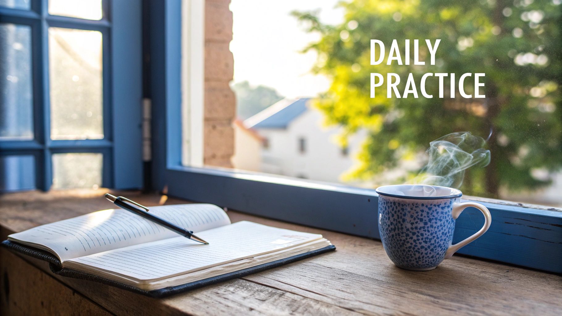 A person journaling with a cup of tea, in a calm and reflective setting.