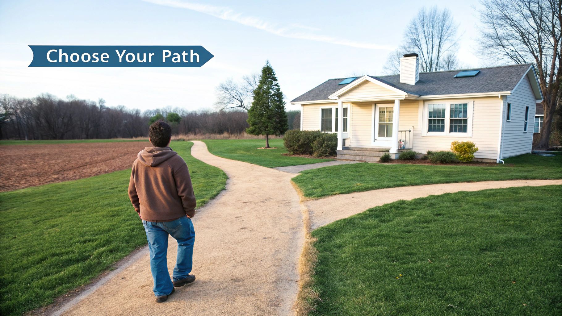 A person stands at a diverging path, contemplating a choice between a house and an open field.