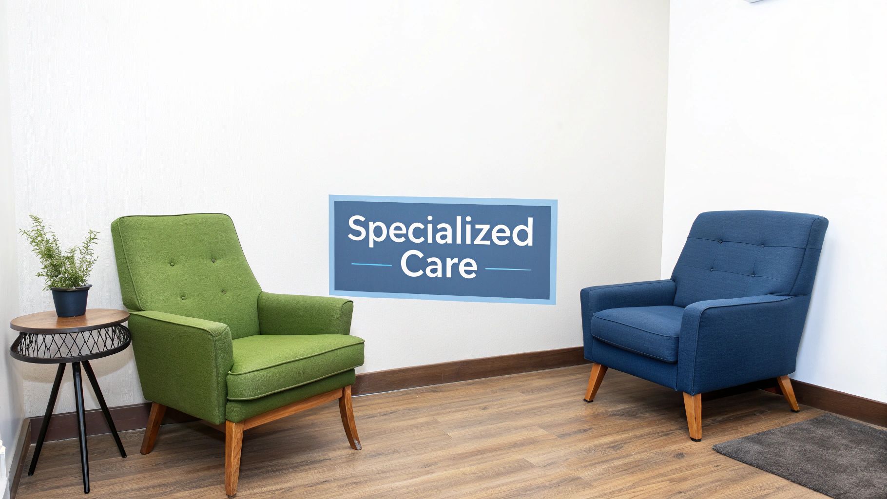 Two comfortable armchairs, one green and one blue, in a waiting room with a "Specialized Care" sign.