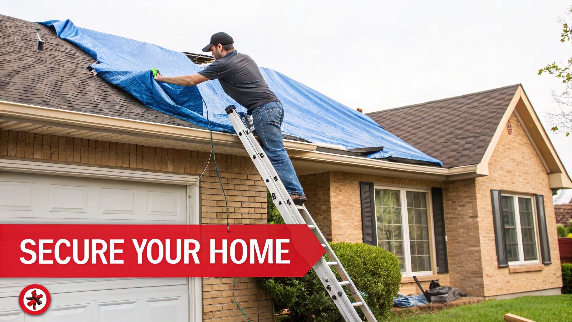 A roofer inspecting a storm-damaged roof with a cloudy sky in the background.