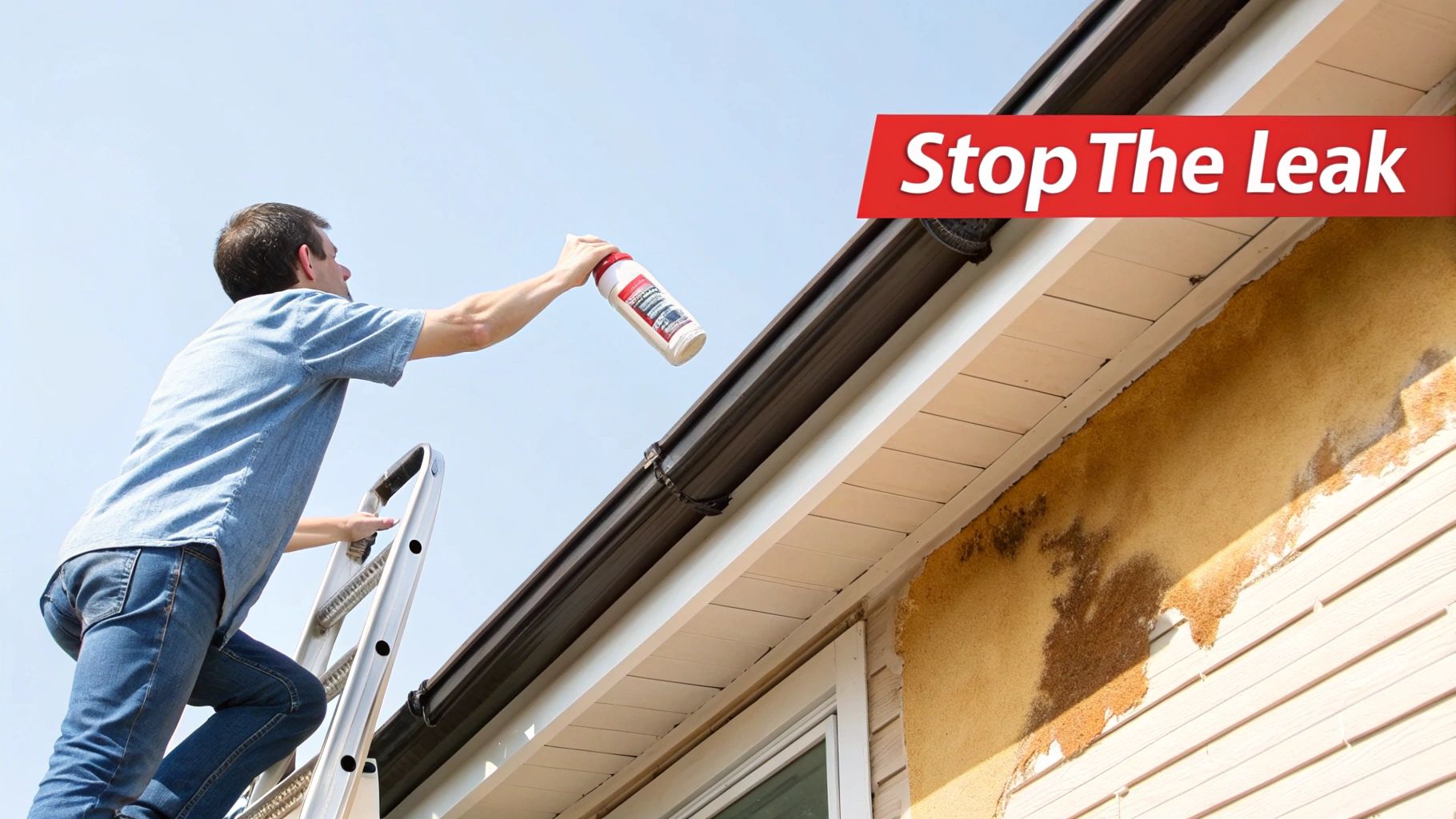 Man on ladder applying sealant to a leaking gutter above a water-damaged house wall.