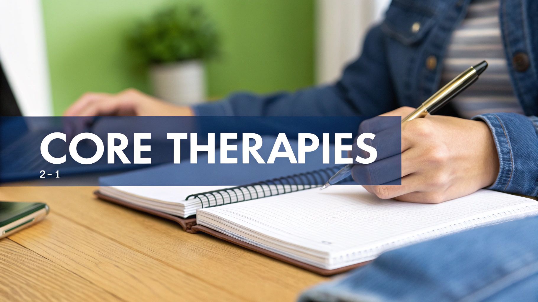 A person writing in a spiral notebook with a pen, overlaid with "CORE THERAPIES".