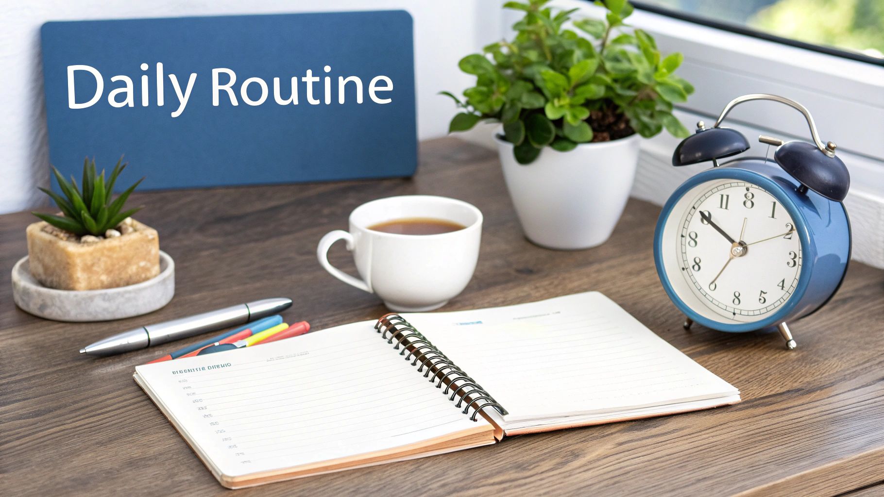 A cozy desk setup with a 'Daily Routine' sign, notebook, coffee, alarm clock, and plants.
