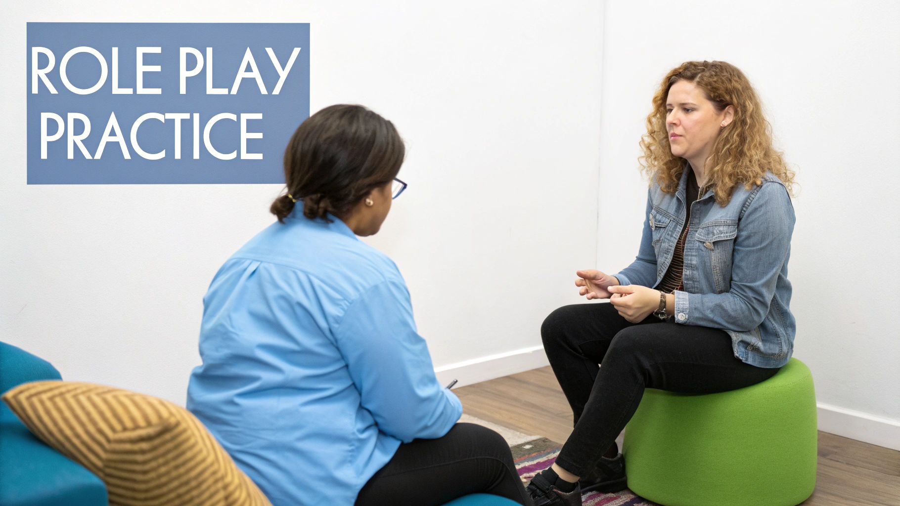 A small group of people engaged in a role-playing exercise in a therapy setting, with a facilitator observing and providing guidance.