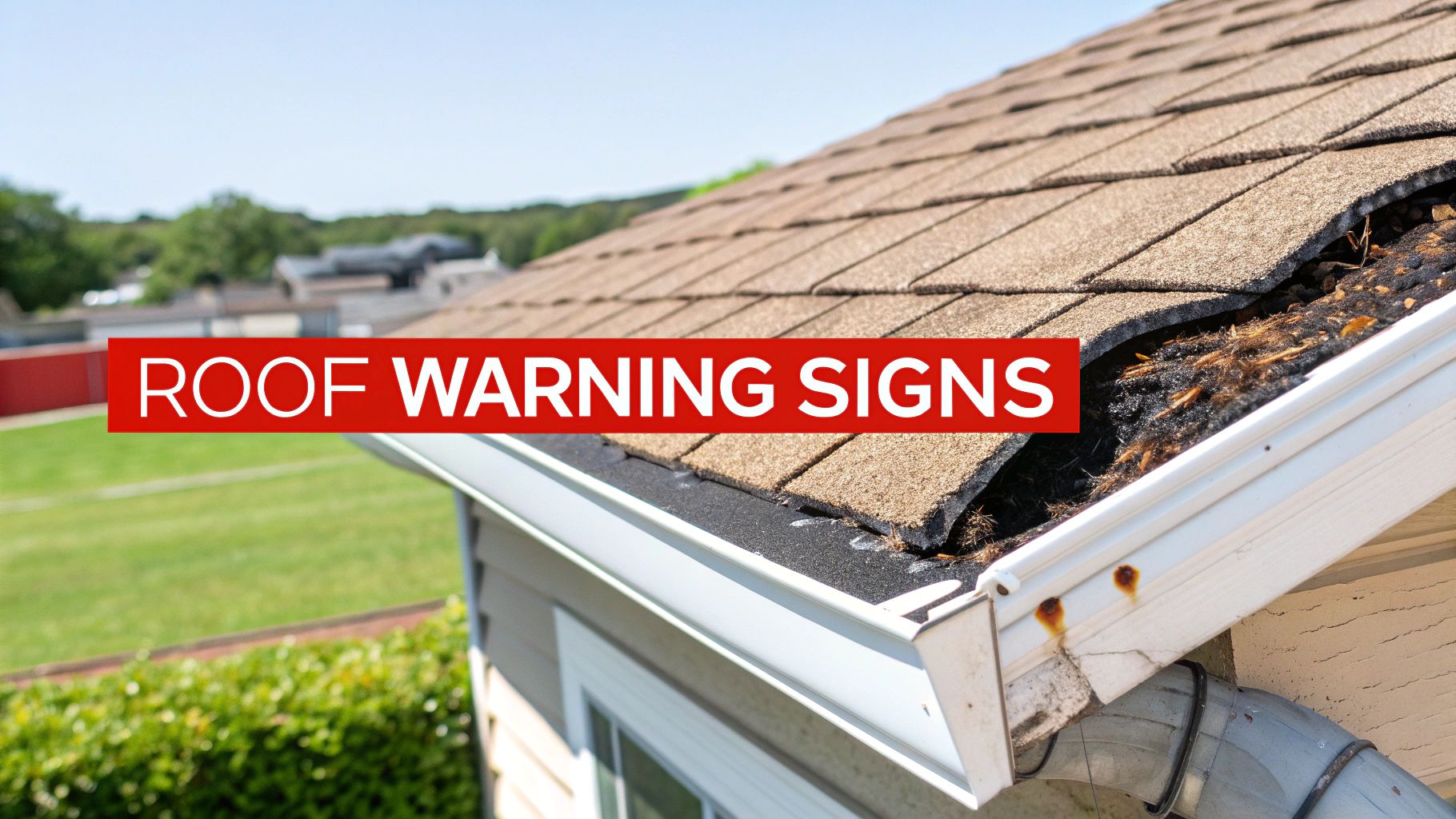 A close-up of worn and damaged architectural shingles, showing granule loss and curling edges.