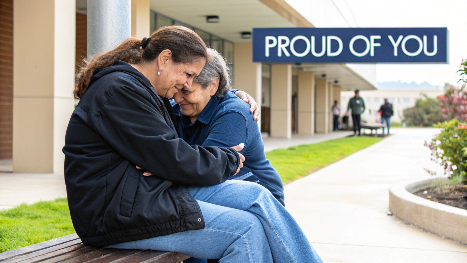 Two women share a loving hug on a bench outdoors, beneath a "PROUD OF YOU" banner.