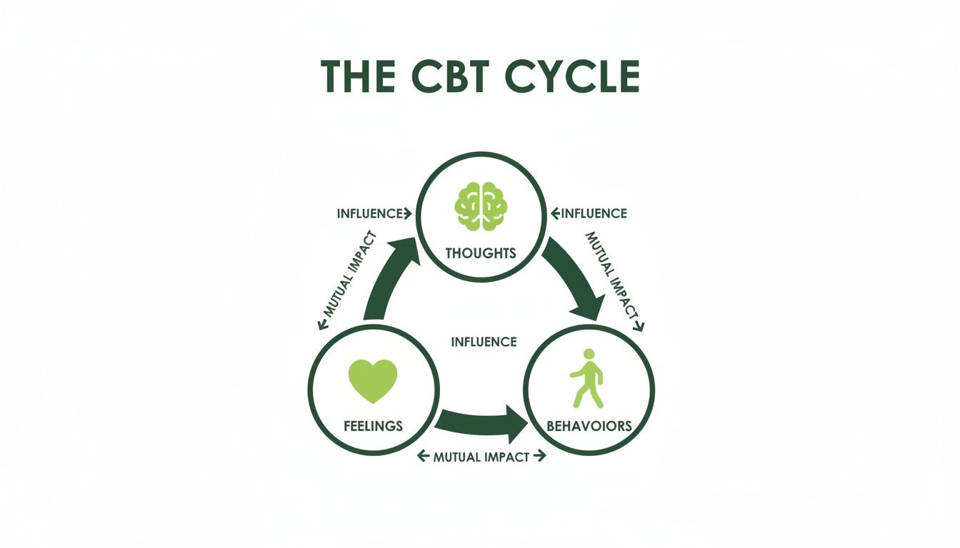 A diagram illustrating the CBT cycle, showing the mutual influence between thoughts, feelings, and behaviors.
