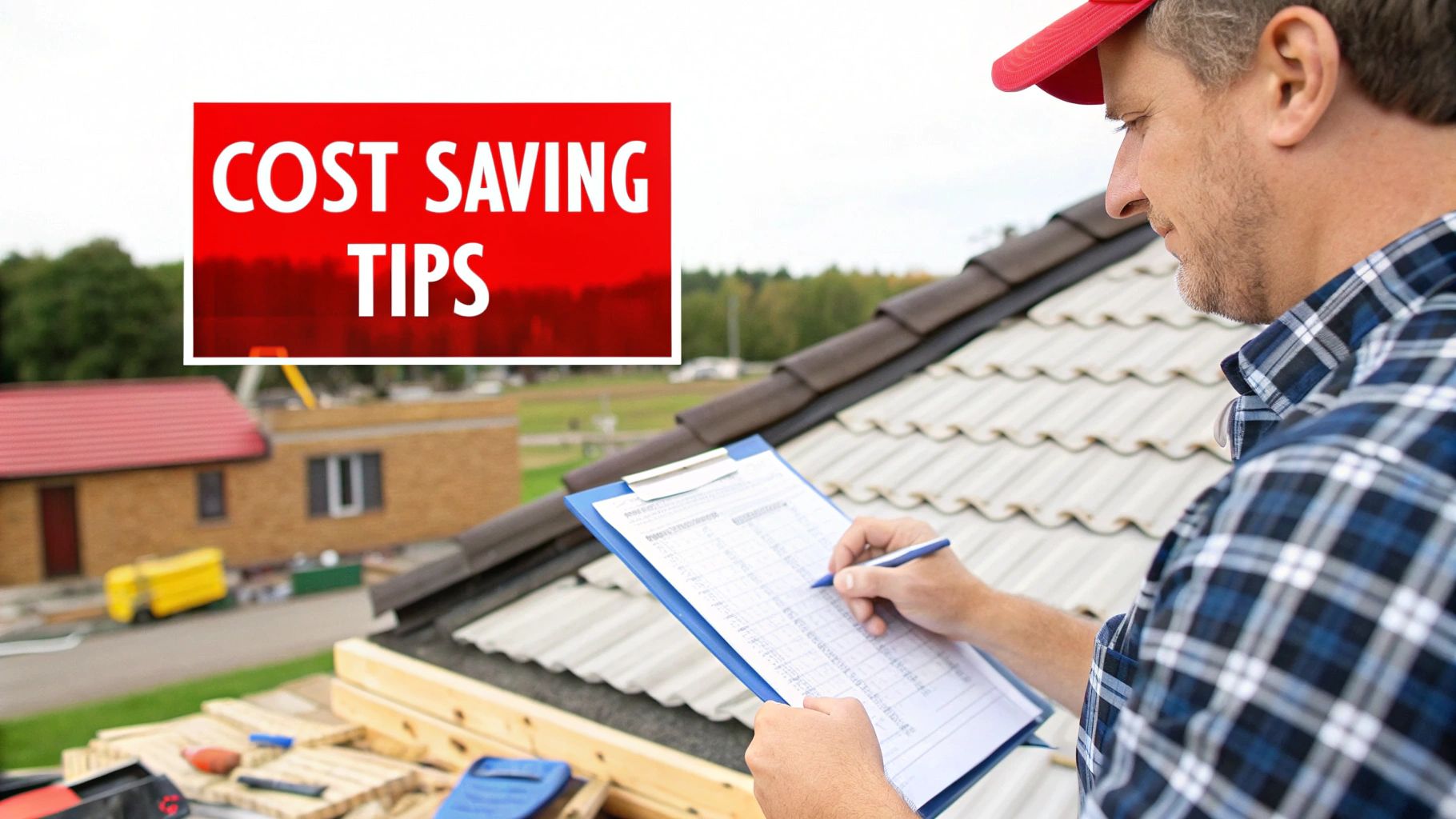 A contractor and homeowner discussing roof replacement plans over a blueprint.