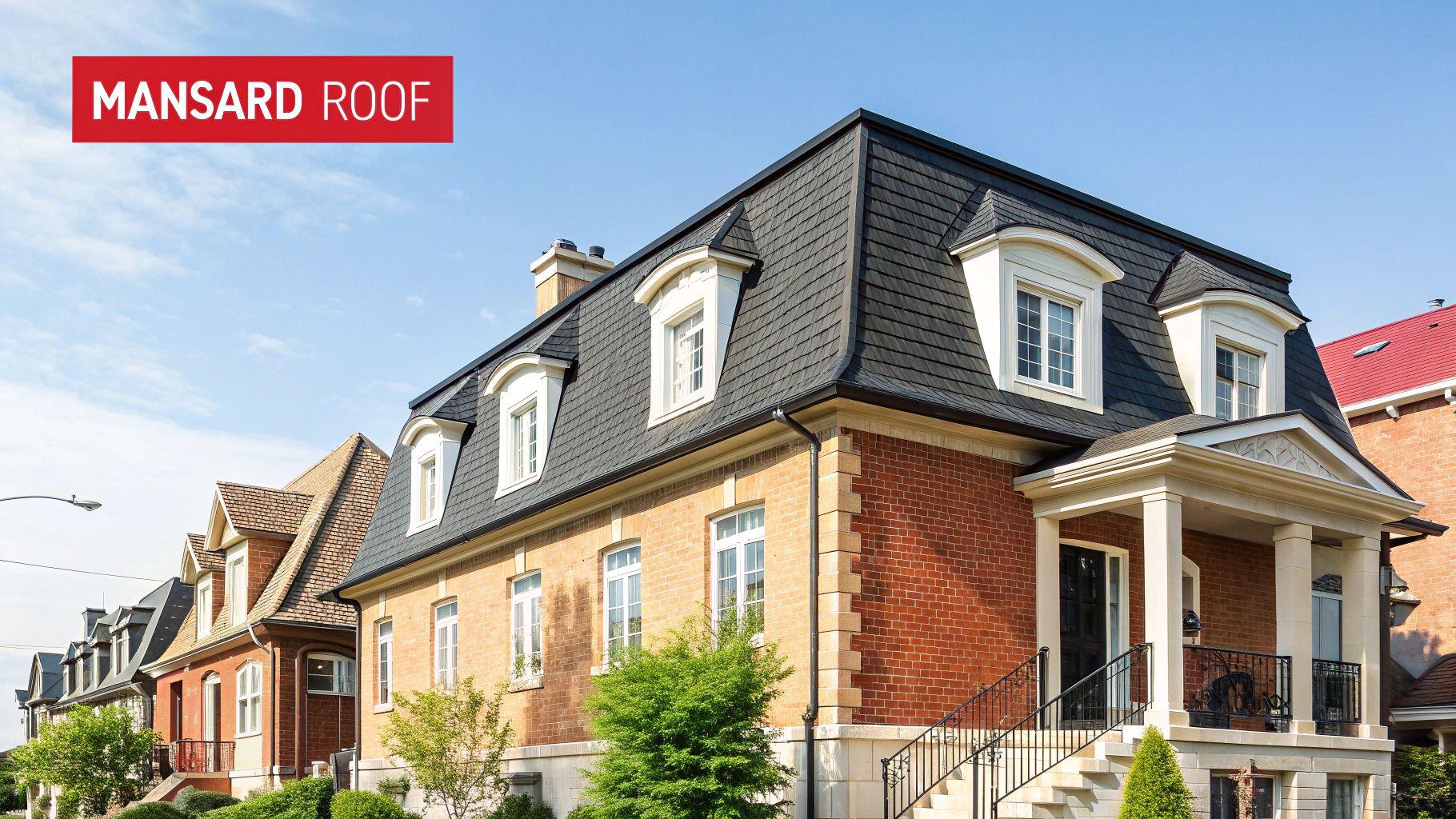 A grand house showcasing a Mansard roof with dormer windows, brick walls, and a classic porch.