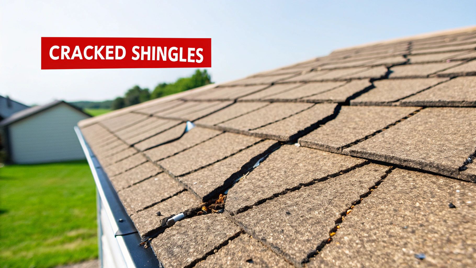 Severely cracked and damaged roof shingles showing deterioration and gaps needing repair