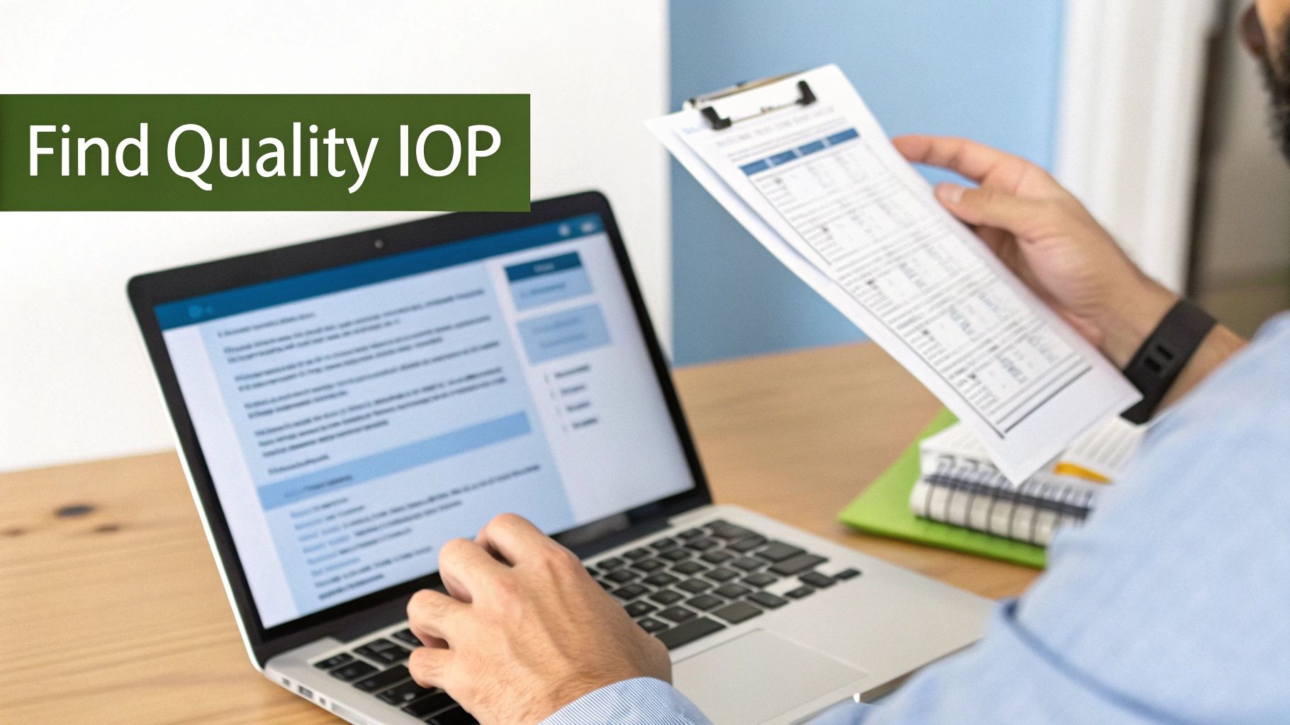 A person stands thoughtfully with a clipboard, reviewing a checklist in a professional setting.