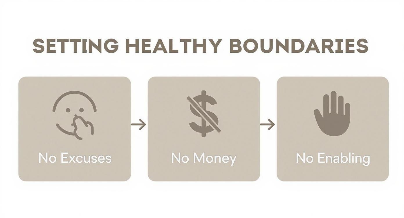 A graphic titled 'Setting Healthy Boundaries' showing three steps: No Excuses, No Money, No Enabling.