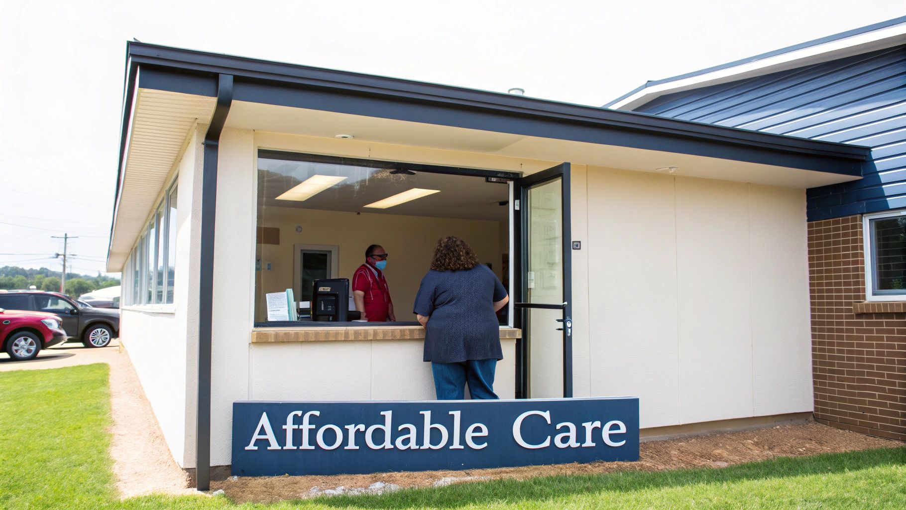 A man in a mask serves a woman through a service window at a building labeled "Affordable Care."