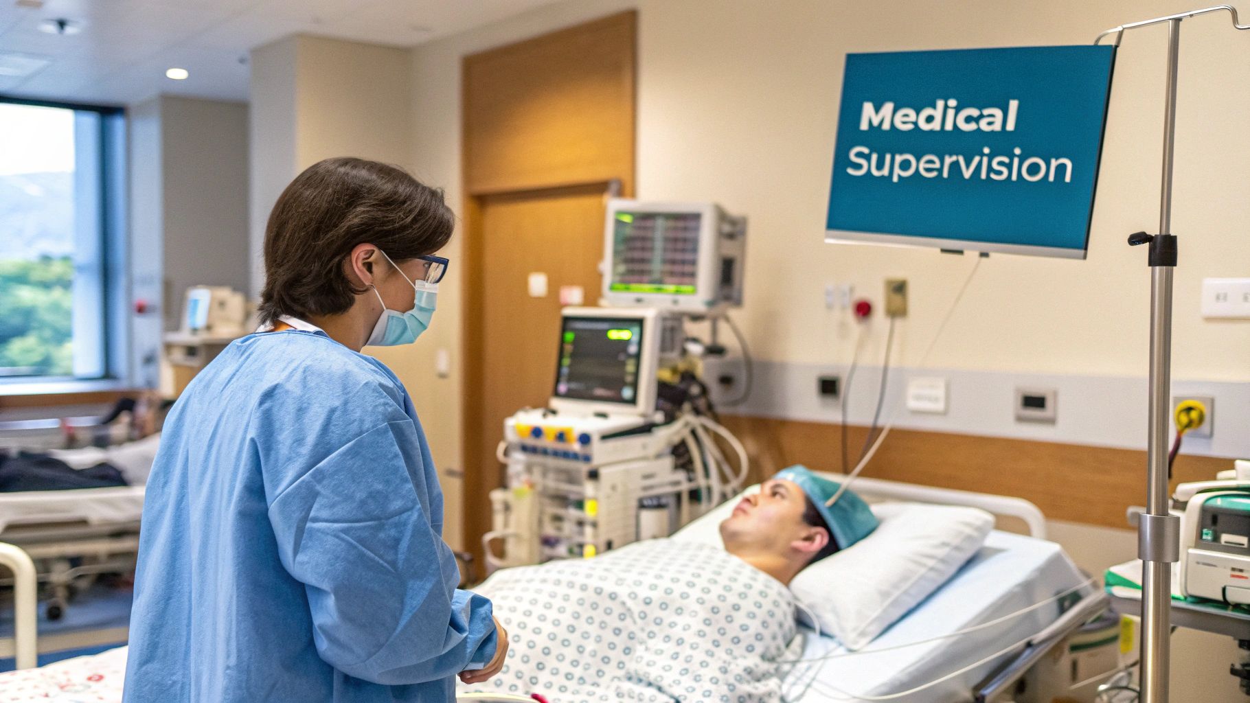 A compassionate healthcare professional comforting a patient during detox.