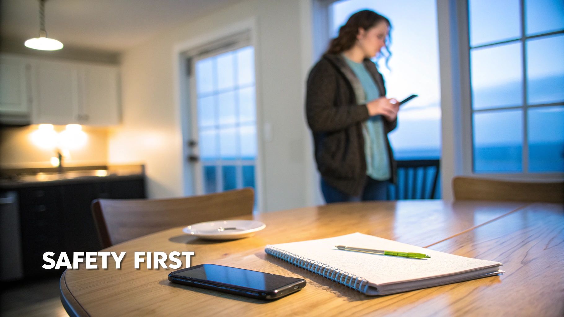 "SAFETY FIRST" text overlay. A blurred woman uses her smartphone near a window, with a phone and notebook on a table.