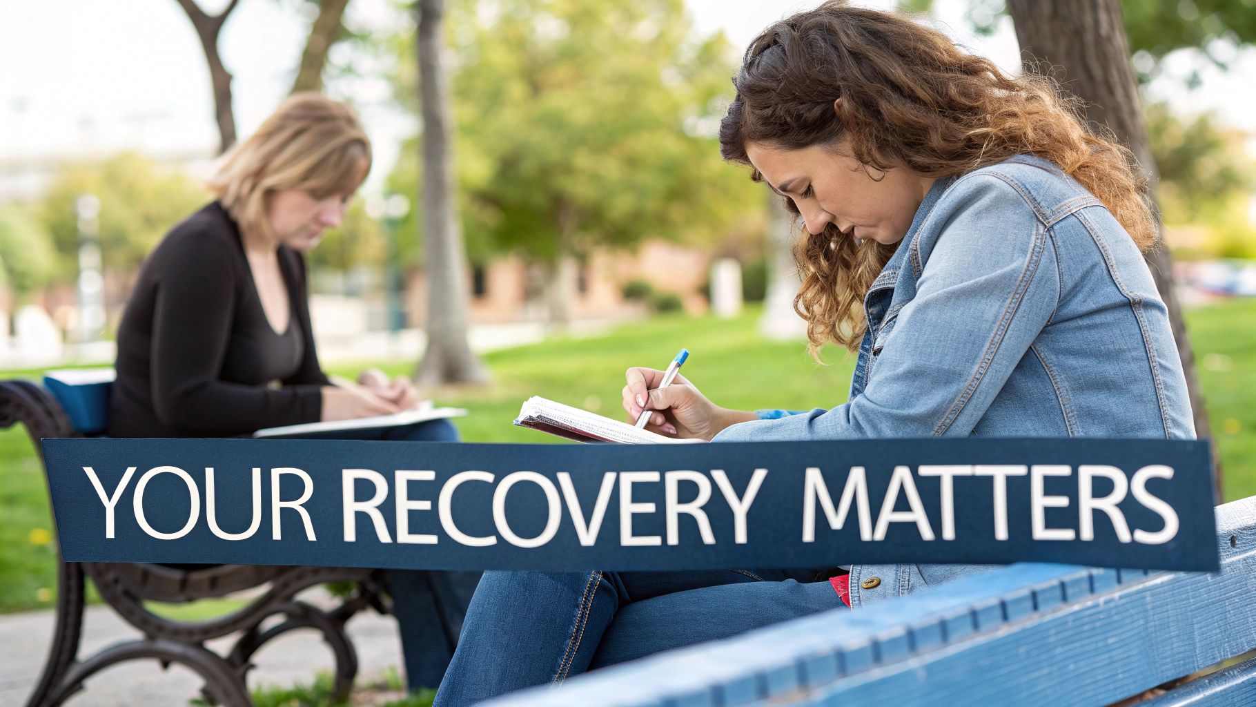 Two women journaling outdoors on benches, with a 'YOUR RECOVERY MATTERS' banner visible.