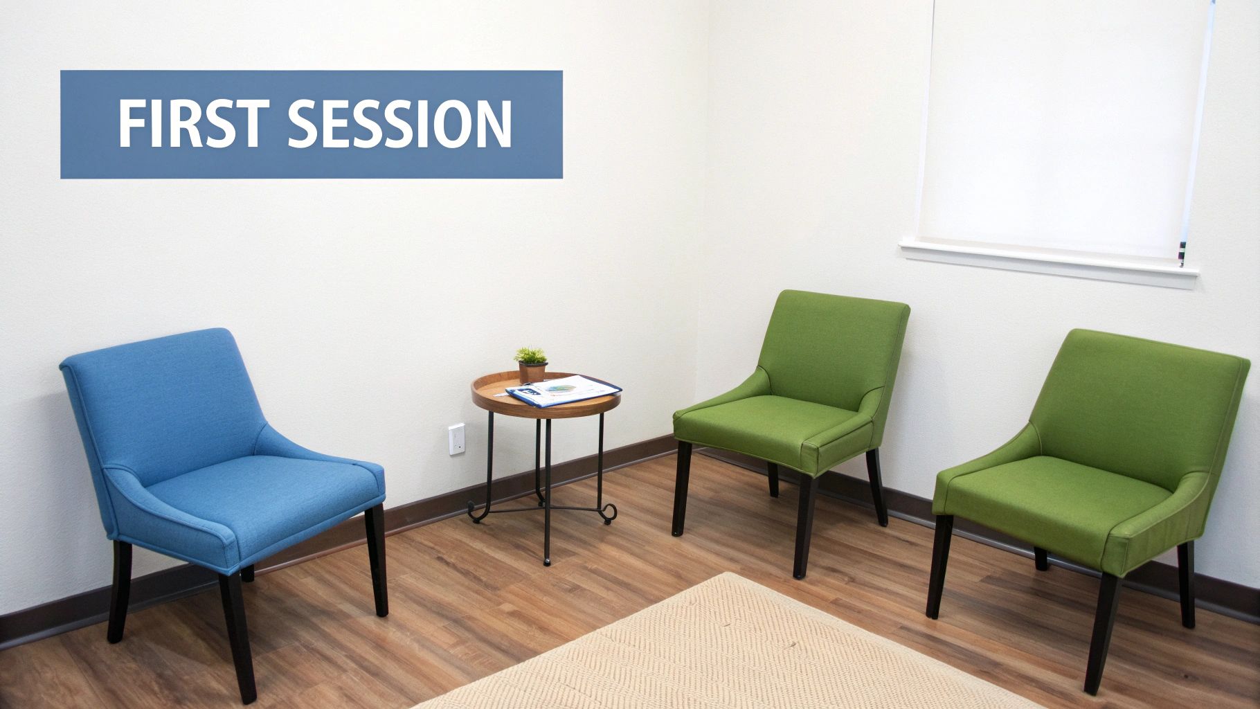 Family members sitting in a circle during a therapy session, looking engaged and thoughtful.