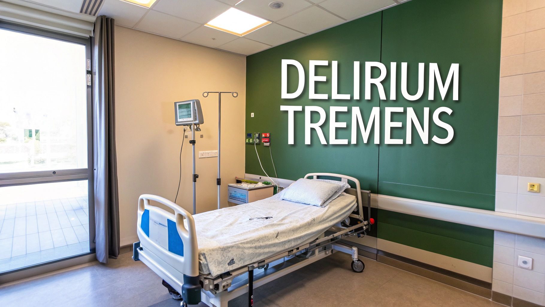 A hospital room with a medical bed, IV stand, and a window, featuring "Delirium Tremens" on a green wall.