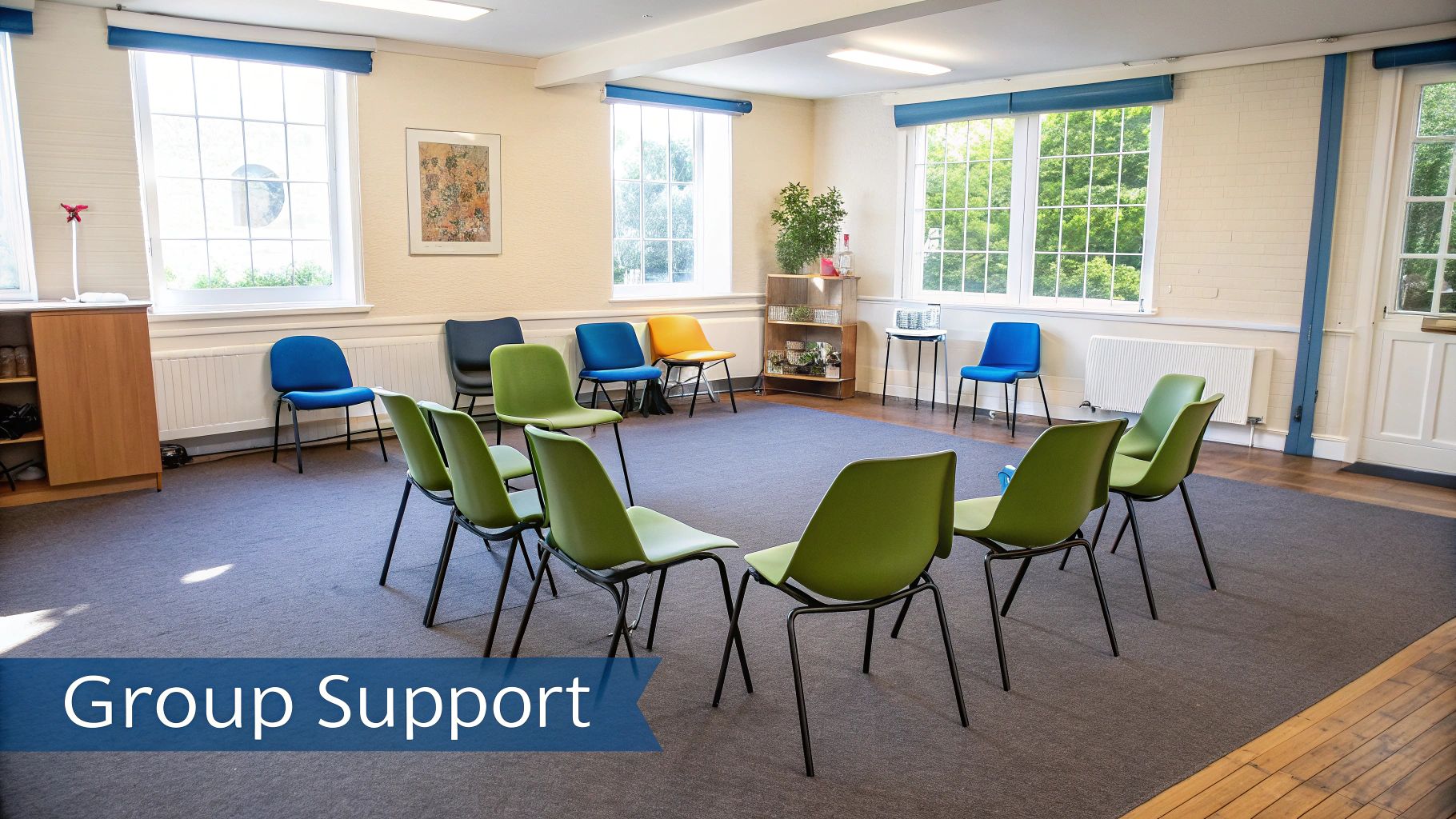 A diverse group of people sit on yoga mats in a sunlit room, meditating.