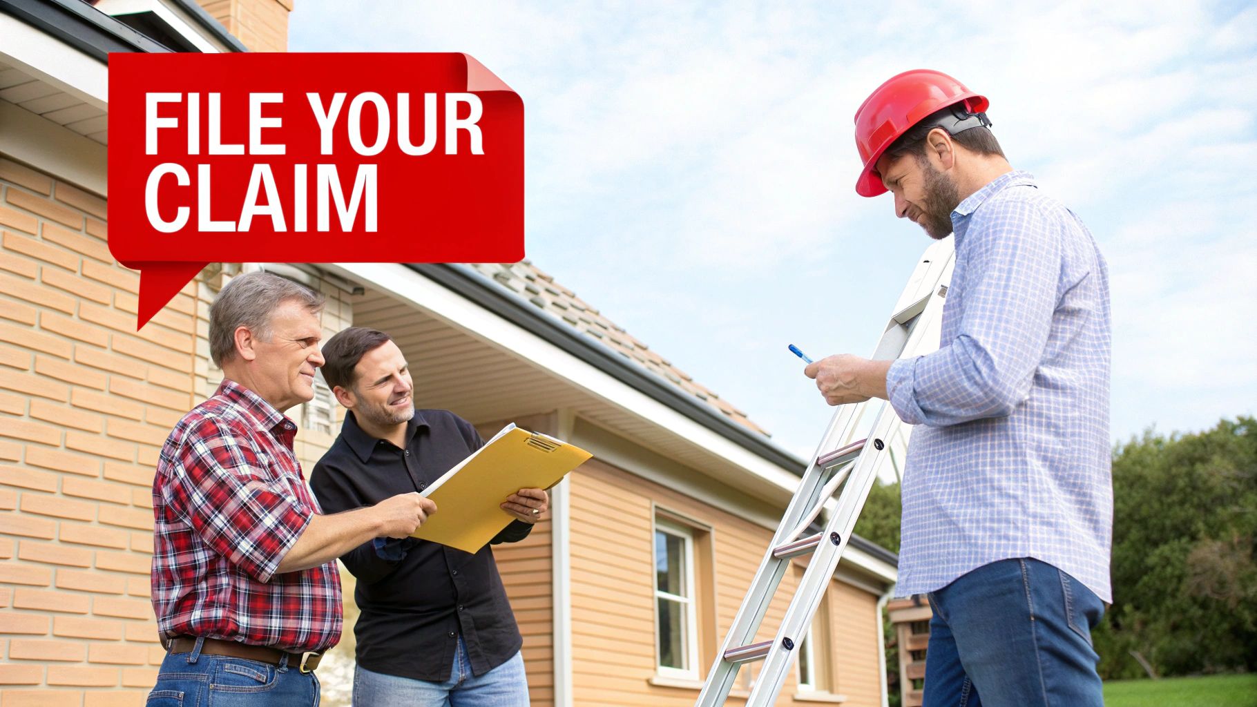 Three men, including a contractor, discuss a roof insurance claim with documents near a house.