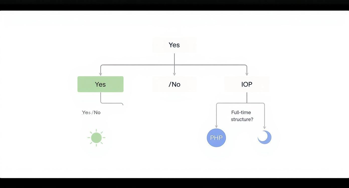 Flowchart diagram showing decision tree with yes, no, and IOP paths leading to PHP and full-time structure options