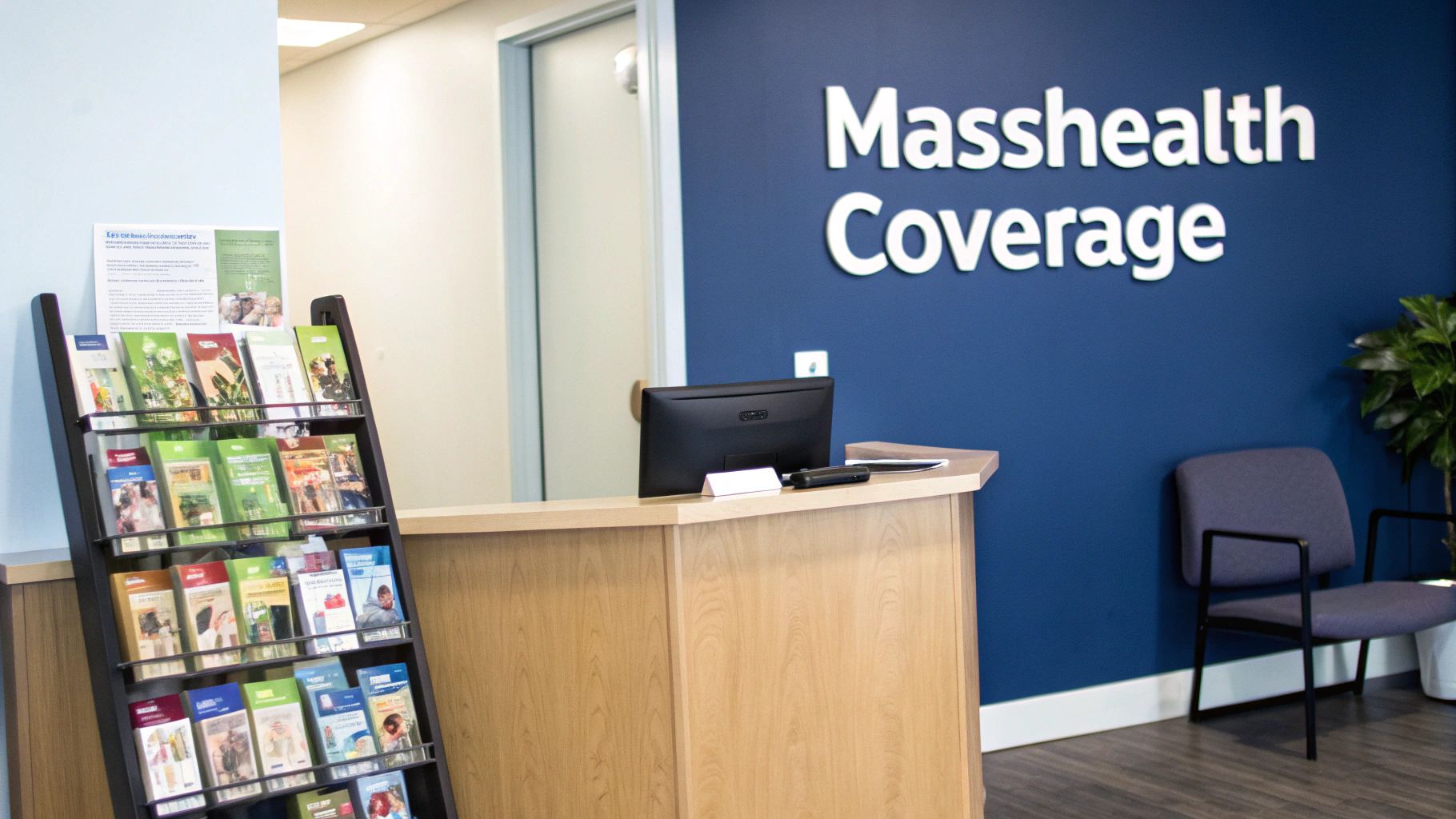 Interior view of a Masshealth Coverage office reception desk, brochure rack, and waiting chair.