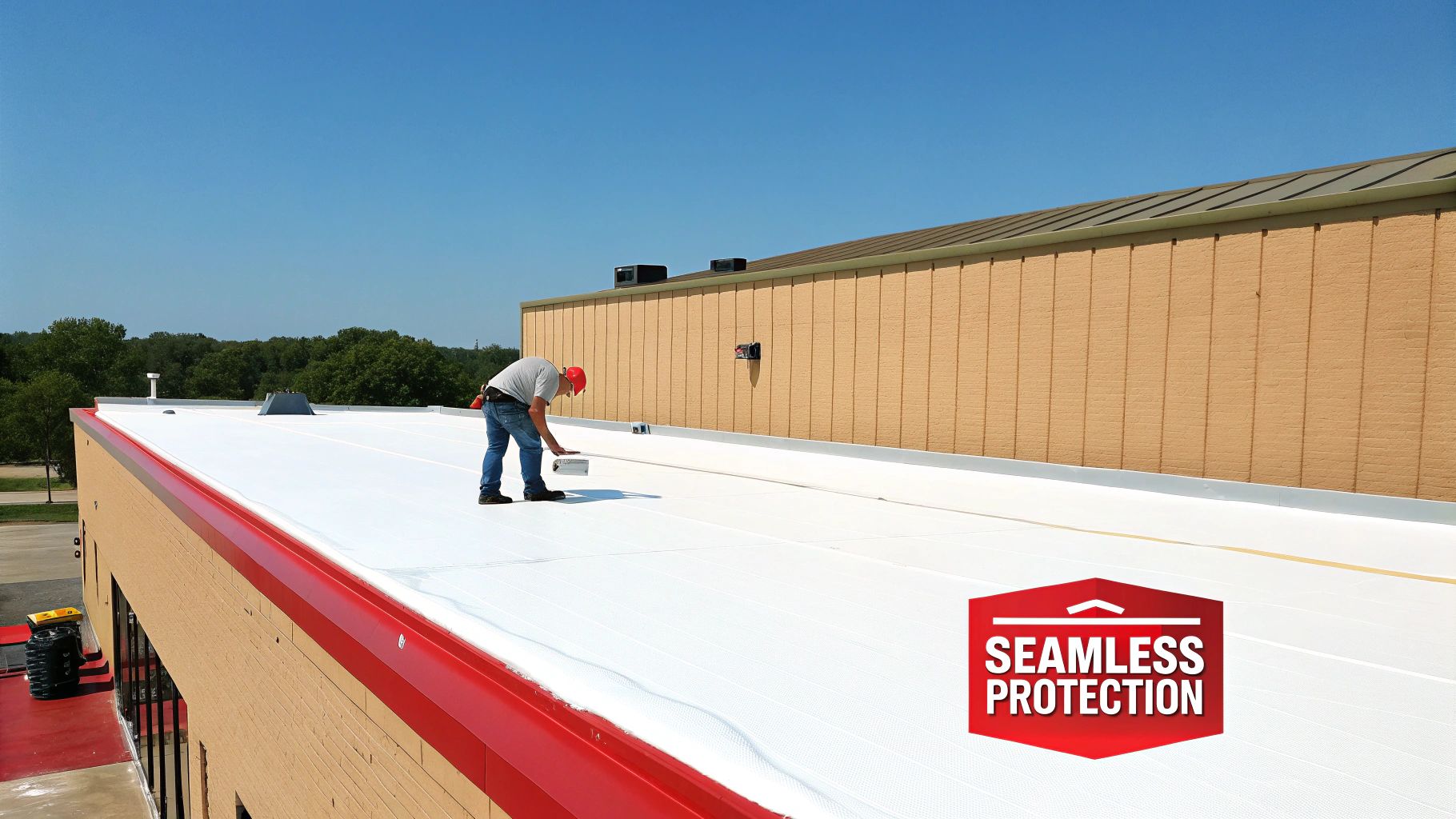 A roofer applying polyurethane foam roofing to a commercial building's flat roof.