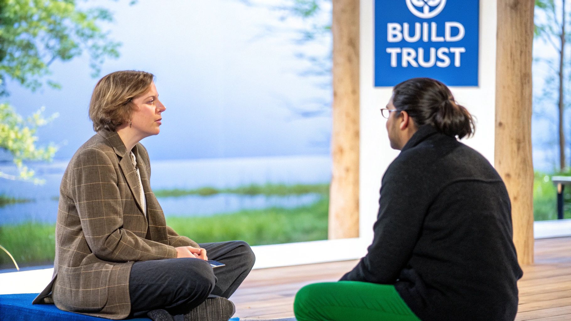 Two people sitting across from each other at a table, having a serious but calm conversation.