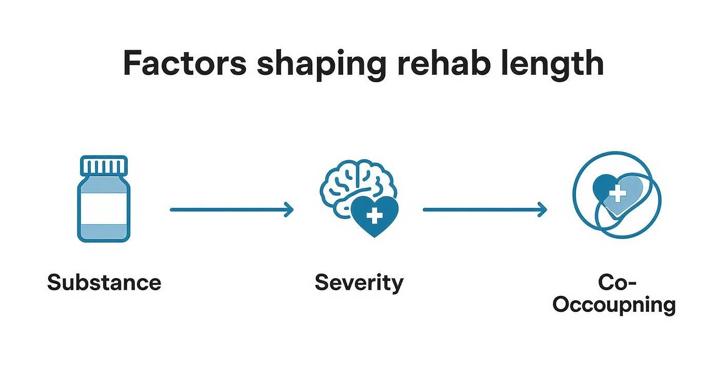 Diagram illustrates factors shaping rehabilitation length, including substance, severity, and co-occourpning.
