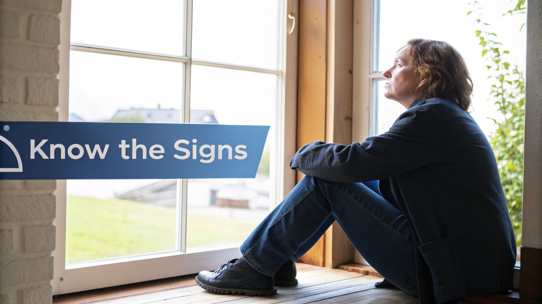 A person sits by a window, looking out with a thoughtful expression, next to a "Know the Signs" banner.