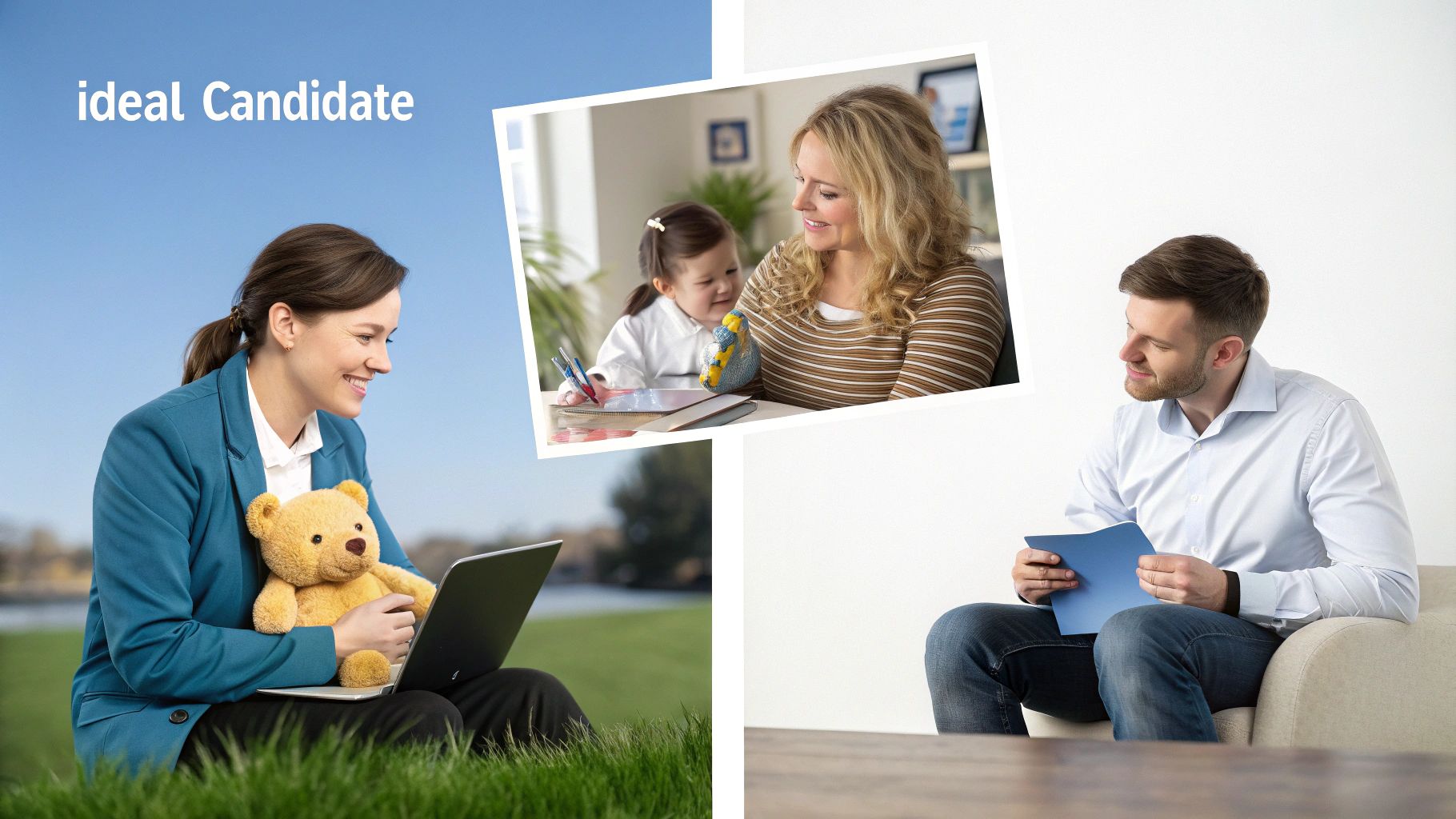 A collage showing a woman working outdoors, a man holding documents, and a mother with her child.