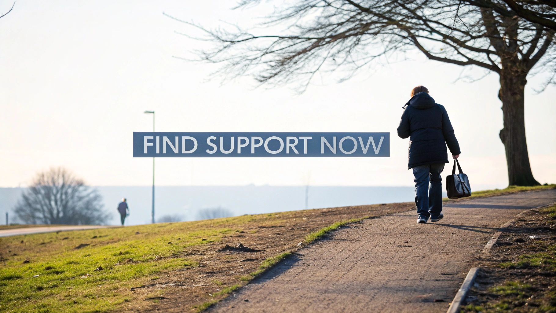 A person walks along a path under a bright sky, with a banner saying 'FIND SUPPORT NOW'.