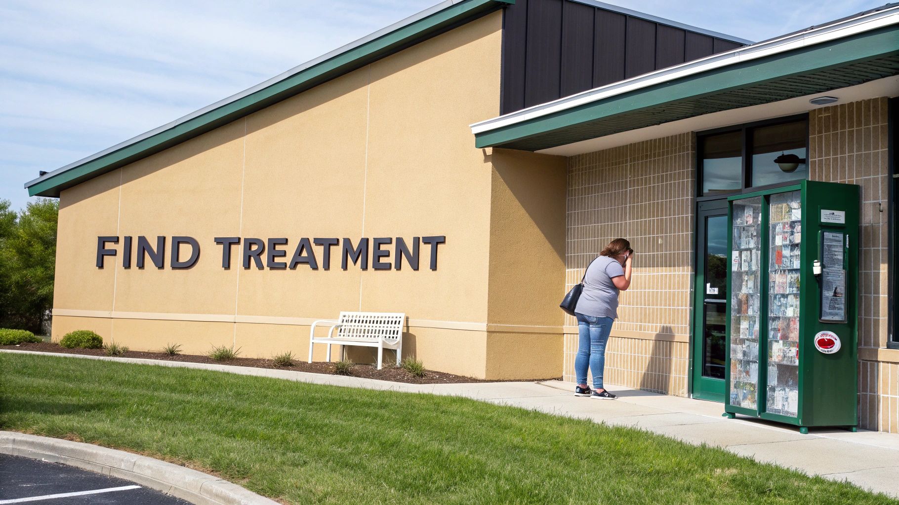 Woman looks at an information kiosk outside a building displaying 'FIND TREATMENT' text.