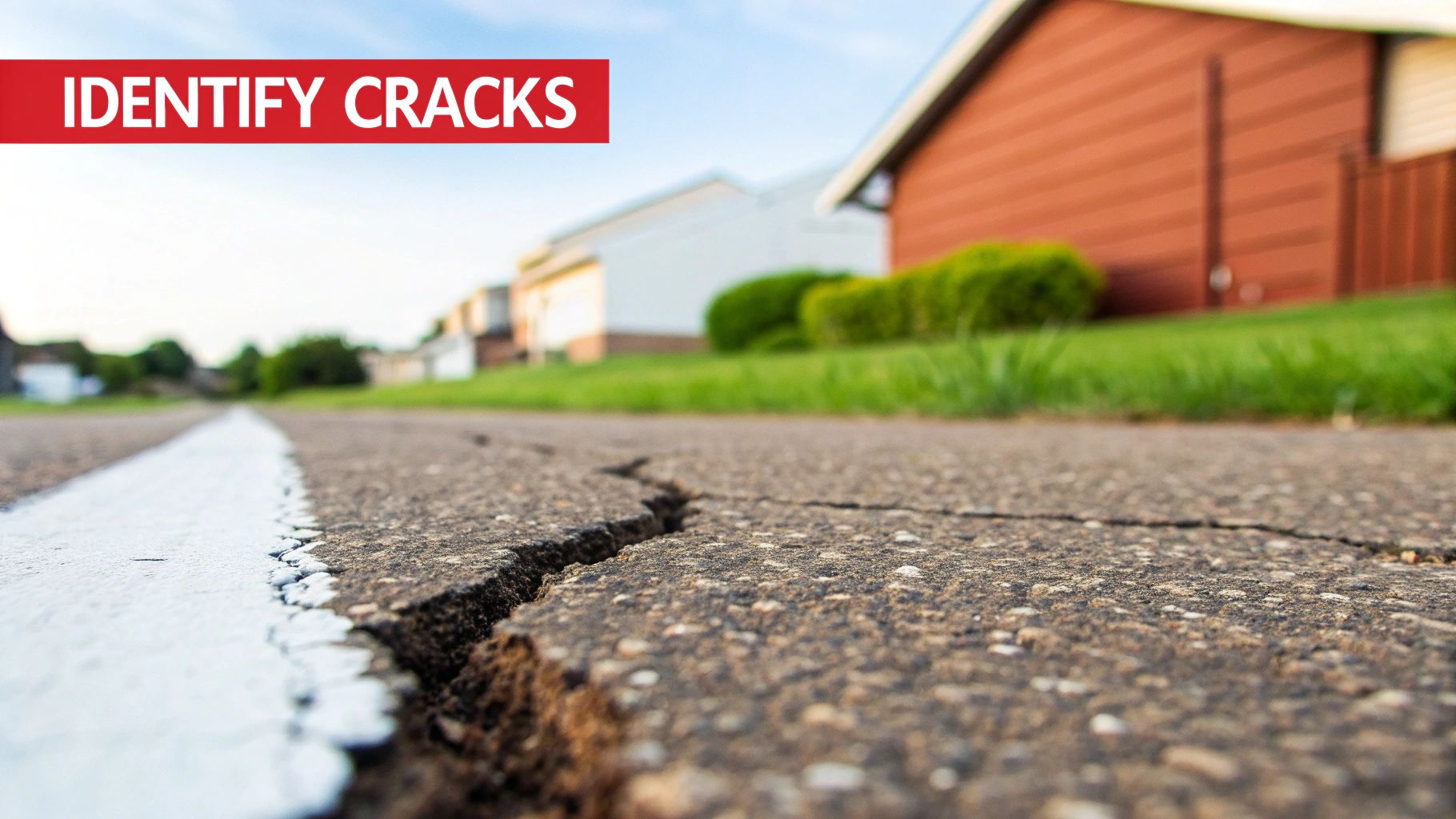 Close-up of a cracked asphalt road with a white line, showing structural damage and needing repair.