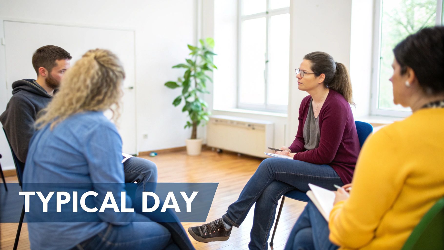 A group of people participate in a constructive therapy session in a comfortable, well-lit room.