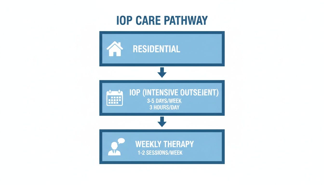A flowchart illustrates the IOP care pathway, starting with residential, then intensive outpatient, and finally weekly therapy.