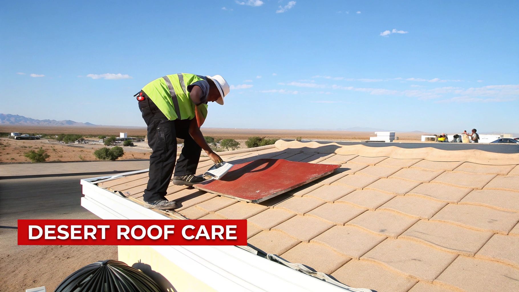 A worker in a safety vest and hat repairs a desert roof with tan tiles under a blue sky.