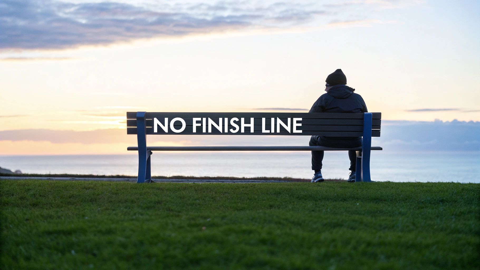 A person sits on a park bench at sunset overlooking the ocean, with "NO FINISH LINE" inscribed.