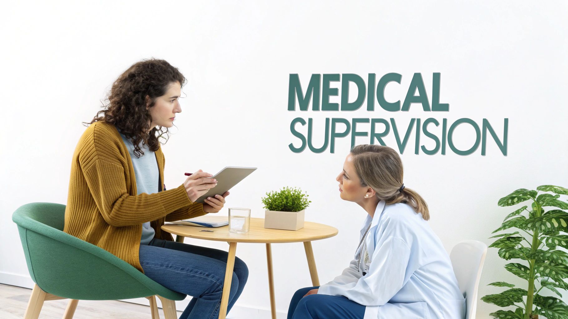 Two women, a patient and a doctor, discussing in a room with 'MEDICAL SUPERVISION' text.
