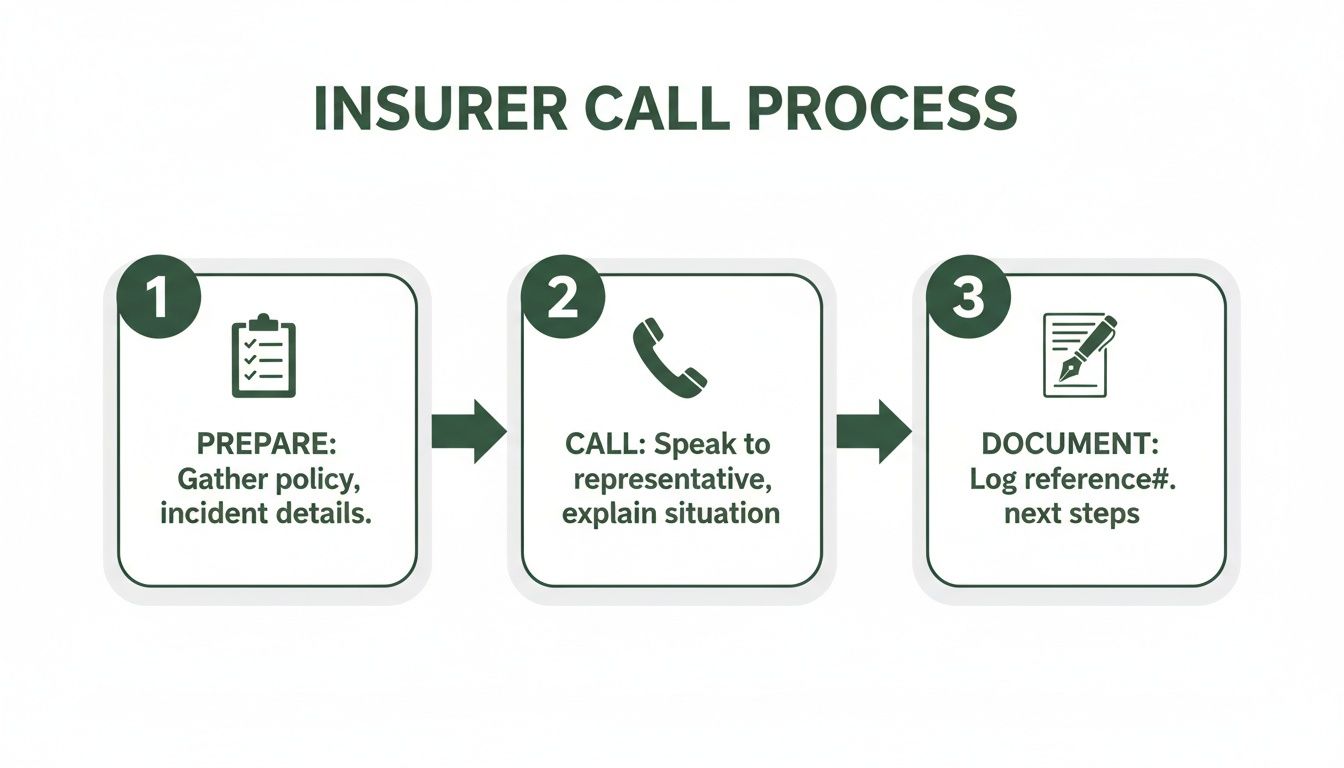 A three-step process chart illustrating the insurer call process: prepare, call, and document.