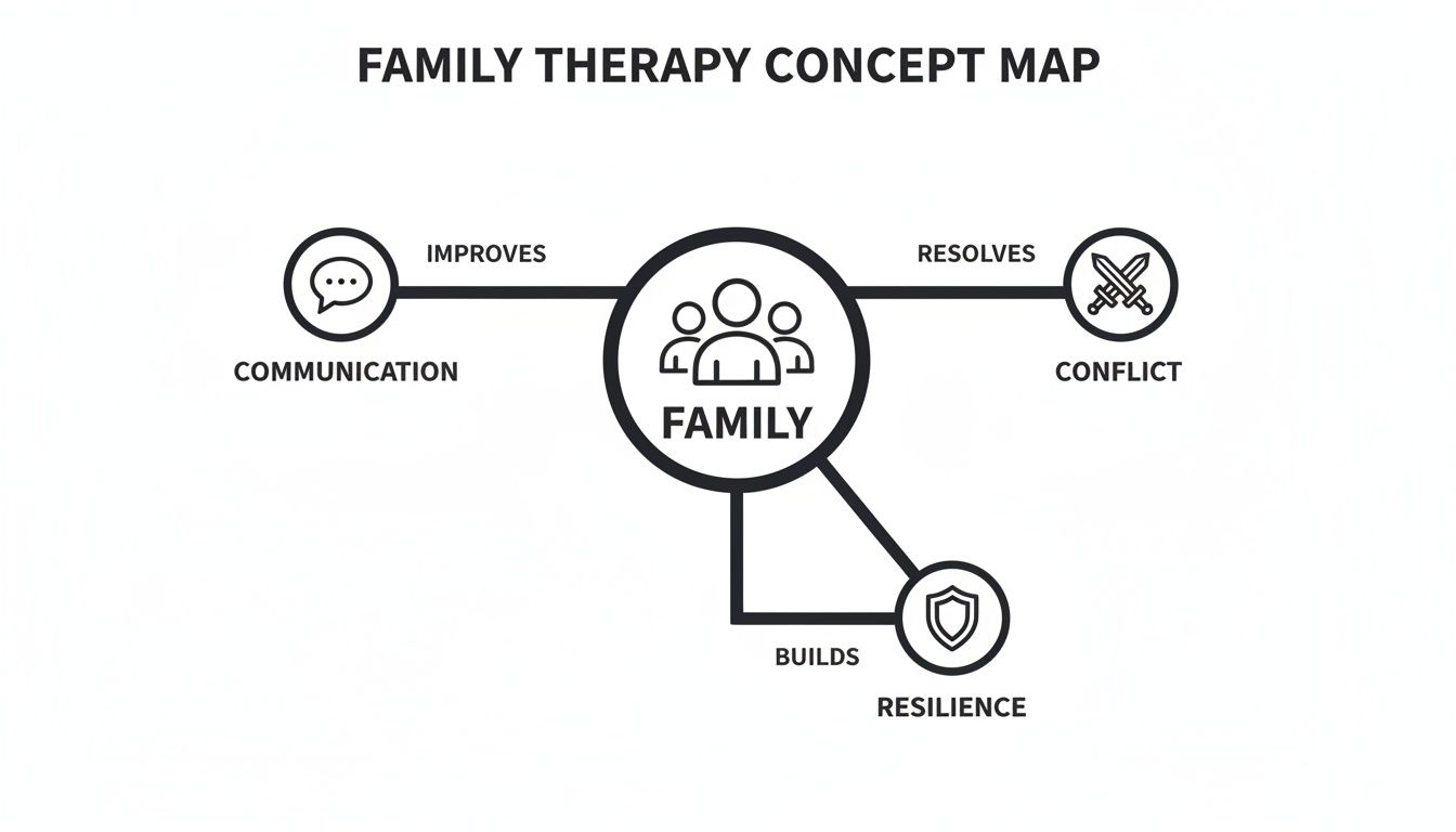 A concept map showing how family therapy improves communication, resolves conflict, and builds resilience.