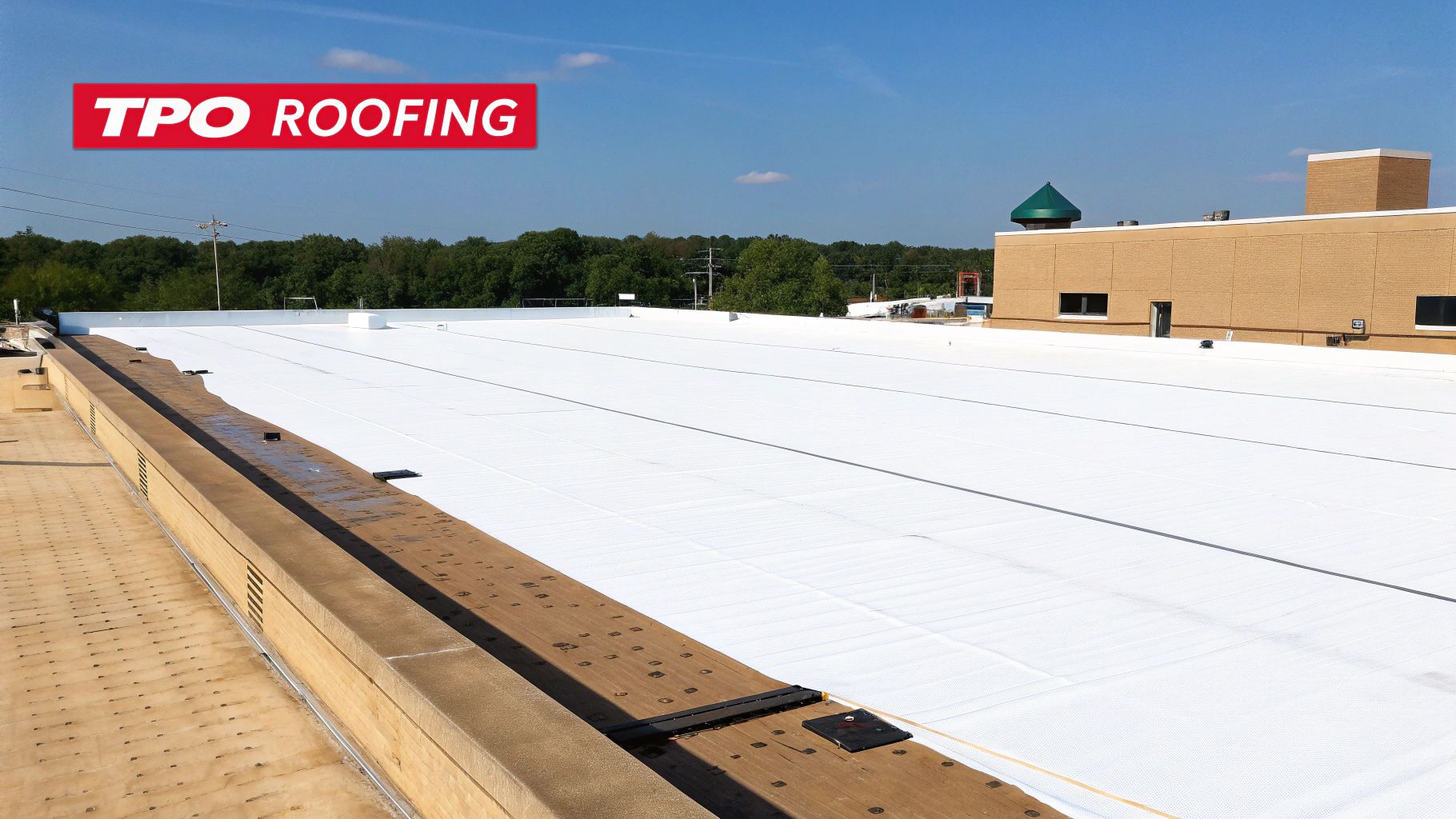 A commercial building with a clean, white TPO roof installation in progress under a bright sky.