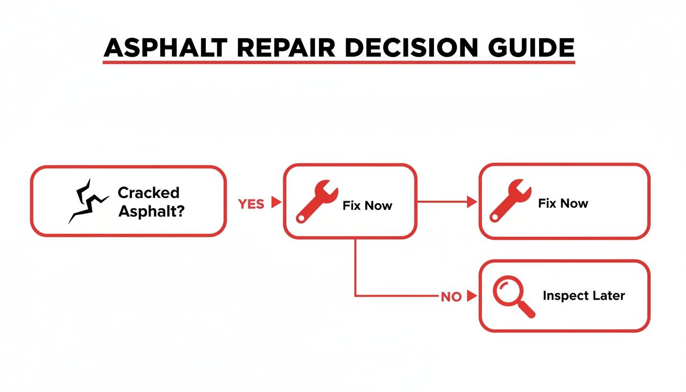 A flowchart titled 'Asphalt Repair Decision Guide' illustrates steps for cracked asphalt, leading to immediate fixing or later inspection.