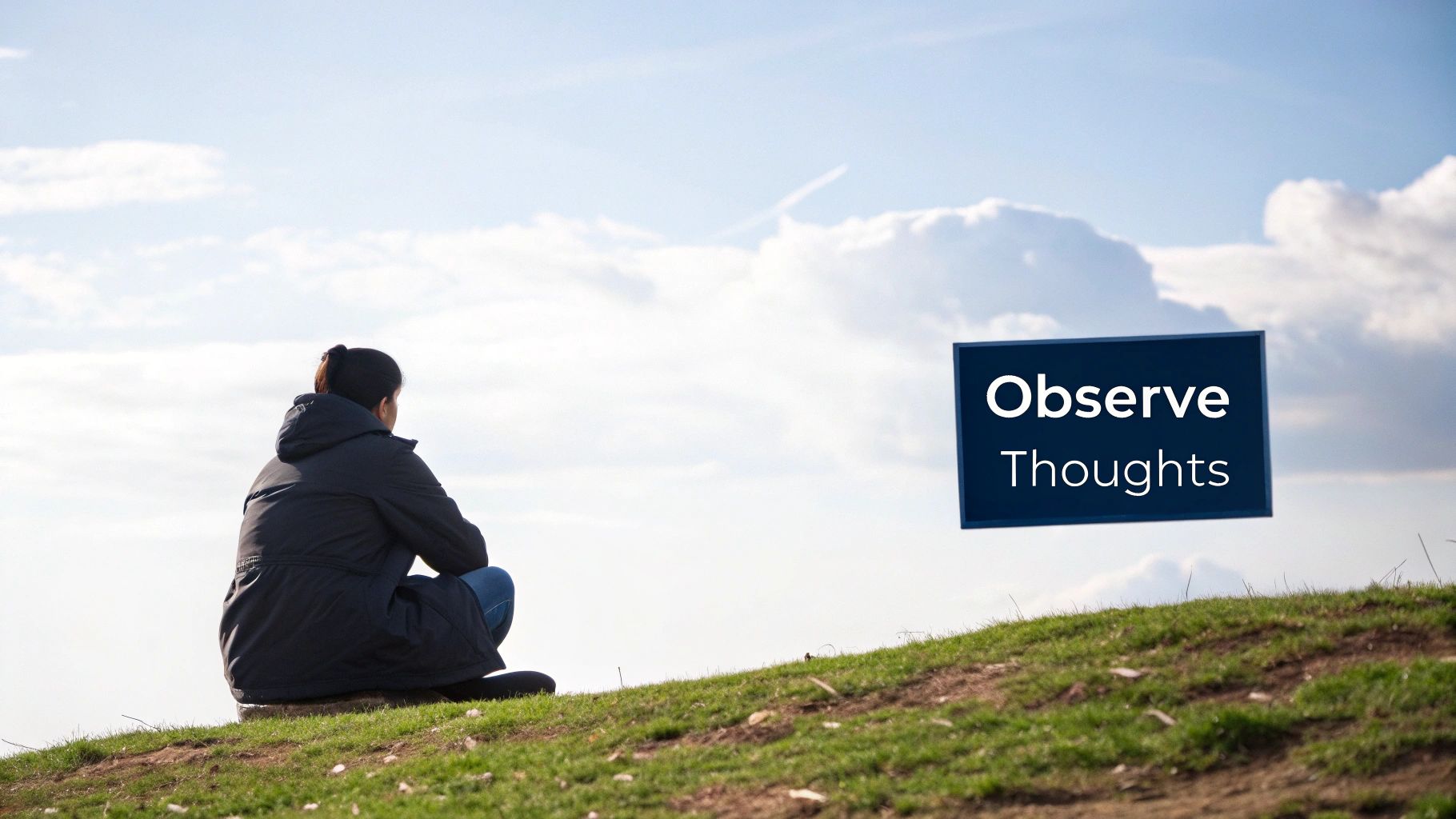 A person sits on a grassy hill, looking at a floating sign with the words 'Observe Thoughts'.